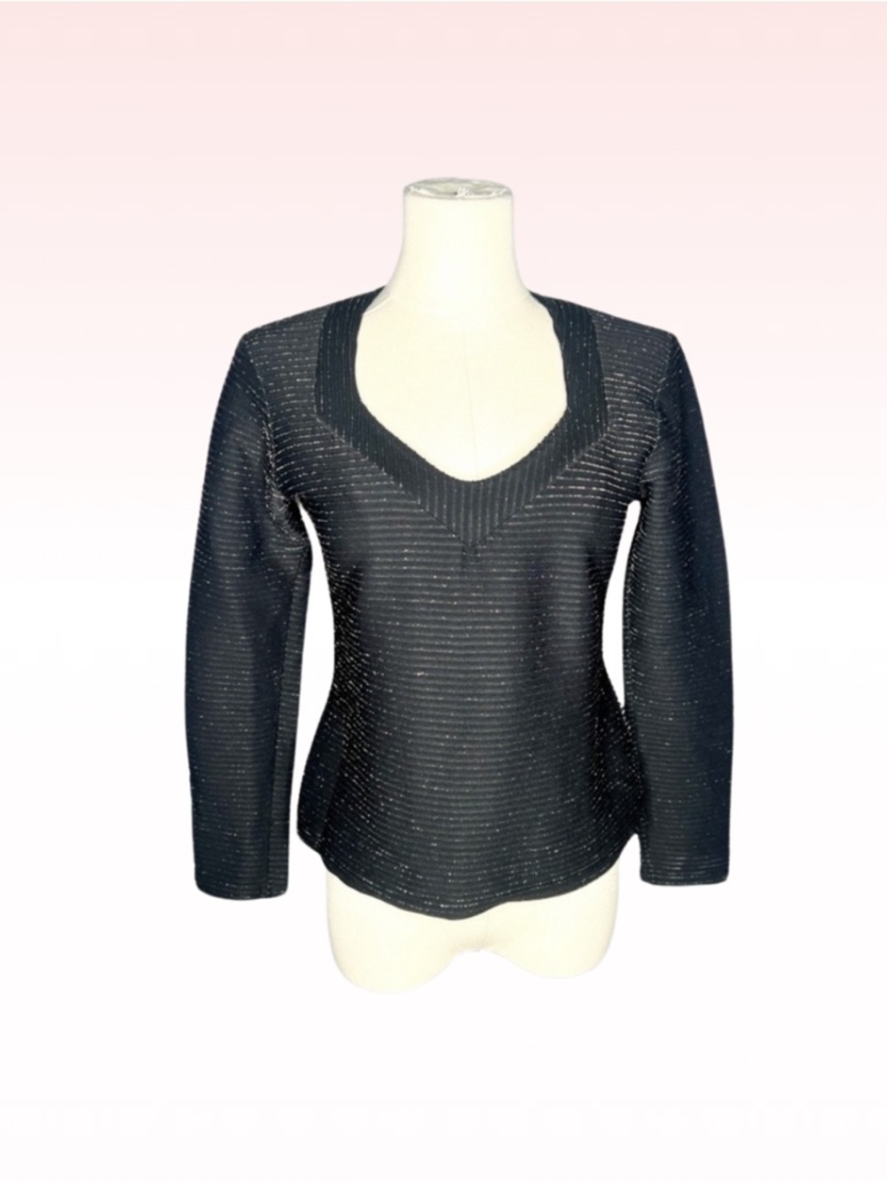 Vintage Black Ribbed Long Sleeve Top Gold Glitter Accents (Sz M)